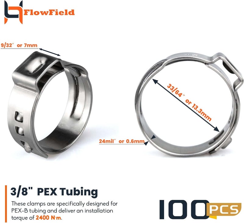 FlowField PEX Cinch Ear Hose Clamps, High Strength 304 Stainless Steel PEX Tubing Cinch Ring for PEX-b Tubing Pipe Fittings 3/8, 100Pcs - Image 2